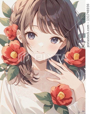 Watercolor illustration of a girl and camellia, vertical 5 131746936