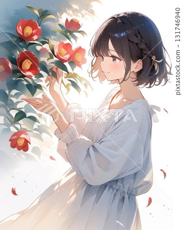 少女與山茶花的水彩插圖(直版1) 少女與山茶花的水彩插圖(直版1) 131746940