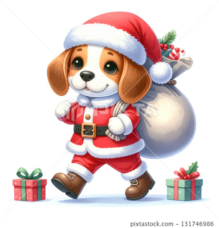 Illustration 1 of Santa Claus's beagle carrying a gift bag / flyer or poster material 131746986