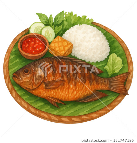 Watercolor Illustration of Grilled Tilapia Nila Bakar with Sambal Rice and Vegetables on Traditional Indonesian Plate With Sambal Chilli Sauce, Rice, Tempeh and Vegetables 131747186