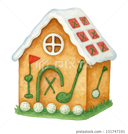 Watercolor illustration of gingerbread house decorated with golf patterns, featuring golf balls, clubs, and flag on snowy roof, creating festive and creative holiday scene Watercolor illustration of gingerbread house decorated with golf patterns, featuring golf balls, clubs, and flag on snowy roof, creating festive and creative holiday scene 131747191