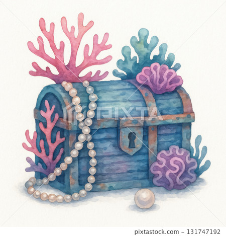 Watercolor illustration of mysterious treasure chest covered in coral and pearls, ocean fantasy concept with colorful underwater elements and pearl necklace draped over chest 131747192