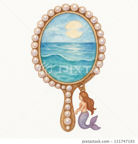 Watercolor illustration of pearl encrusted hand mirror with ocean waves and glowing moon reflected, featuring charming mermaid pendant hanging from handle Watercolor illustration of pearl encrusted hand mirror with ocean waves and glowing moon reflected, featuring charming mermaid pendant hanging from handle 131747193