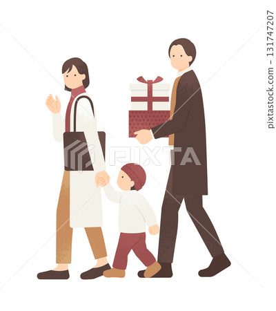 Family shopping for Christmas Vector illustration of a family of three in winter clothes going out 131747207