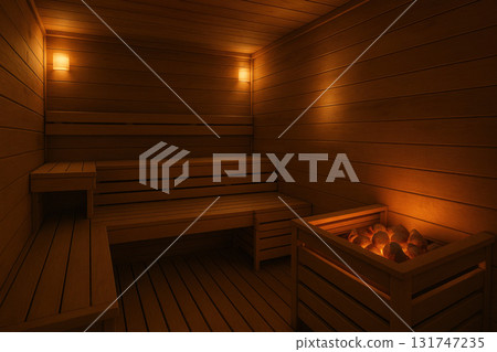 Modern wooden sauna interior with glowing hot stones in heater warm cozy atmosphere soft ambient lighting relaxation and wellness design 131747235