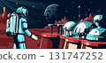 An astronaut in a spacesuit looks at a Martian colony An astronaut in a spacesuit looks at a Martian colony 131747252