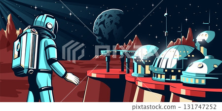 An astronaut in a spacesuit looks at a Martian colony 131747252
