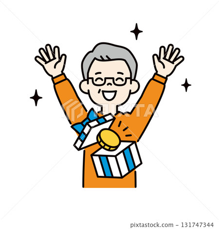 一個簡單的上身向量插圖，描繪的是一位老人因贏得積分而高興。 131747344