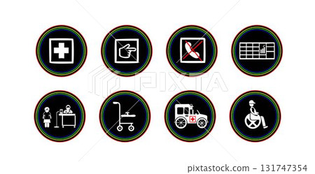 medical and accessibility icons in monochrome grid with camera barcode and user interface symbols 131747354