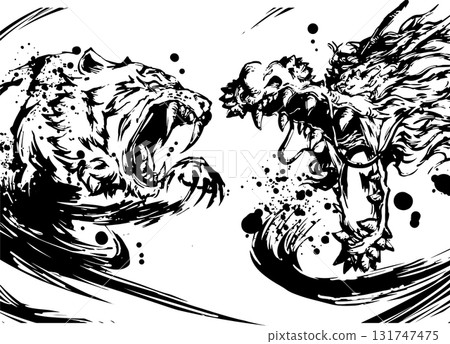 Dragon and tiger ink painting illustration Dragon and tiger ink painting illustration 131747475