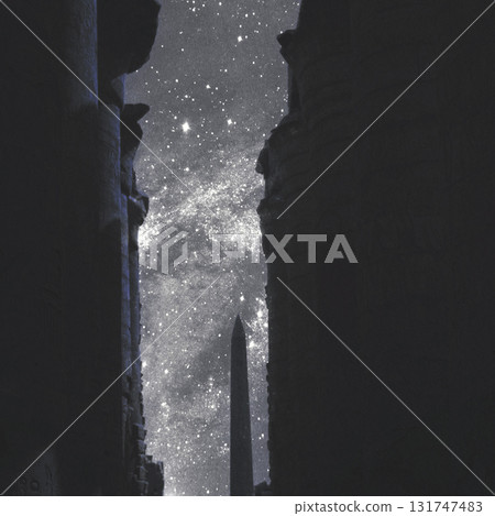 Collage illustration of Karnak temple in Luxor during night time 131747483