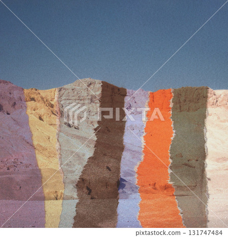 Abstract collage illustration of colorful mountains and blue sky 131747484