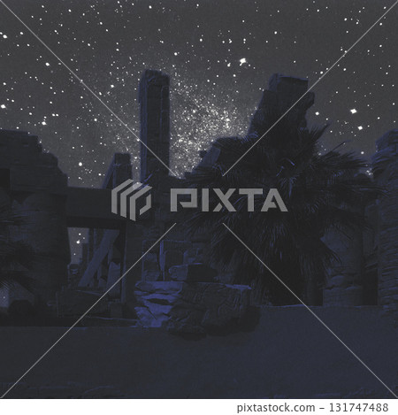 Collage illustration of Karnak temple in Luxor during night time 131747488