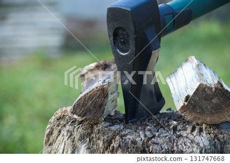 Axe splitting wood on a tree stump, ready for the fireplace or a campfire. 131747668