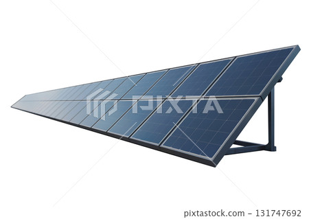 solar panel array in close up studio shot showing blue photovoltaic surface and bright metal frame on white background 131747692