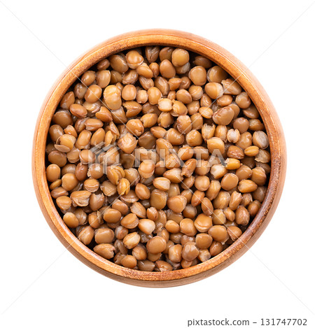 Canned lentils in a wooden bowl. Boiled small brown lentils, unshelled mountain lentils, seeds of Lens culinaris, a legume and staple, used for thick curry, gravy or dal. Isolated from above. Photo Canned lentils in a wooden bowl. Boiled small brown lentils, unshelled mountain lentils, seeds of Lens culinaris, a legume and staple, used for thick curry, gravy or dal. Isolated from above. Photo 131747702