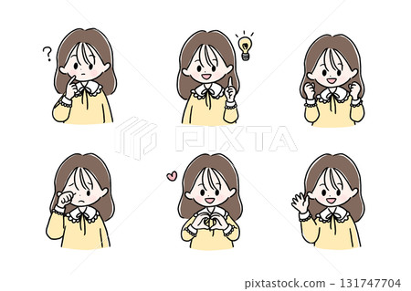 Cute girl character with ruffle sleeves, set of facial expressions and poses 131747704
