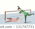 Color illustration of a panicked caregiver trying to assist an elderly person who fell during walking training 131747731