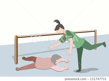Color illustration of a panicked caregiver trying to assist an elderly person who fell during walking training Color illustration of a panicked caregiver trying to assist an elderly person who fell during walking training 131747731