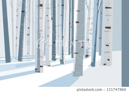 Minimalist illustration of a serene winter forest with tall white birch trees and soft shadows 131747869