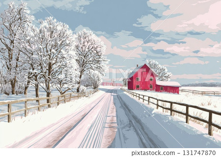 Winter landscape featuring a red barn surrounded by snow-covered trees and a winding road 131747870