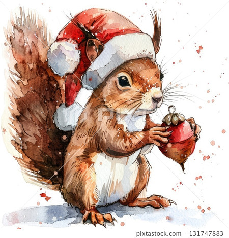 Squirrel wearing Santa hat holding acorn in festive watercolor illustration with holiday spirit 131747883