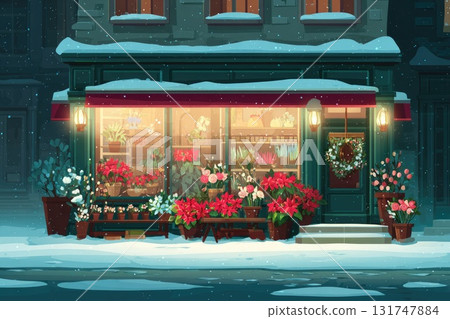 Charming flower shop illustration with vibrant blooms and snowy winter scene outside 131747884