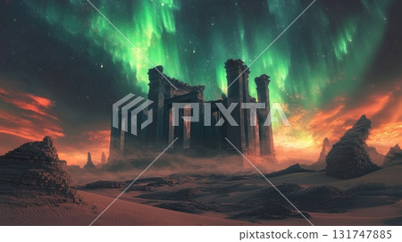 Ancient ruins under vibrant auroras in a mystical desert landscape at twilight Ancient ruins under vibrant auroras in a mystical desert landscape at twilight 131747885