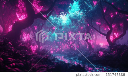 Enchanted forest with glowing heart-shaped lights illuminating a serene river landscape 131747886