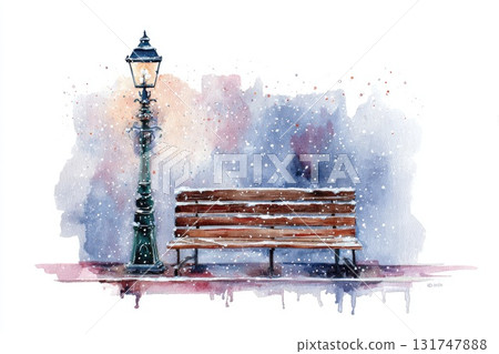 Watercolor illustration of a snow-covered bench beside a vintage street lamp in a winter scene 131747888