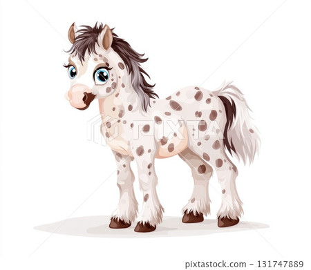 Cute spotted pony illustration with big eyes and fluffy mane in a playful pose 131747889