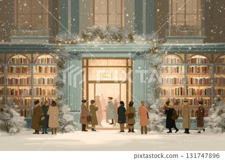 Winter scene with diverse group of people outside a cozy bookstore during snowfall Winter scene with diverse group of people outside a cozy bookstore during snowfall 131747896