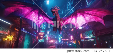 Majestic dragon soaring above neon-lit cityscape at night with vibrant colors and futuristic ambiance 131747897