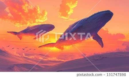 Majestic whales swimming gracefully in vibrant sunset sky with clouds and ocean waves 131747898