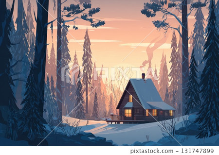 Cozy wooden cabin in snowy forest during sunset with warm light glowing from windows 131747899