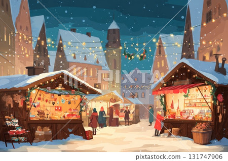 Winter market scene with festive stalls, twinkling lights, and snow-covered rooftops at night Winter market scene with festive stalls, twinkling lights, and snow-covered rooftops at night 131747906