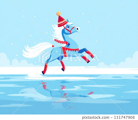 Blue horse illustration wearing festive attire, galloping across a frozen lake with snowflakes 131747908