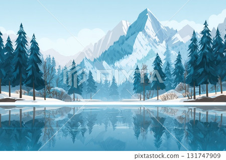 Serene winter landscape with snow-covered mountains and tranquil lake reflecting trees Serene winter landscape with snow-covered mountains and tranquil lake reflecting trees 131747909