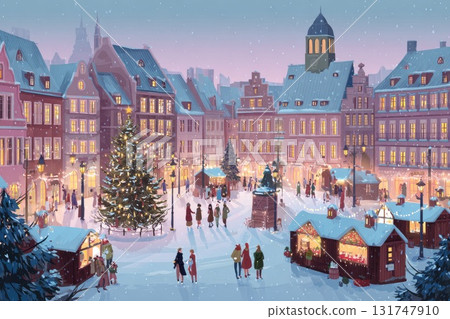 Winter holiday market scene with festive decorations, snow-covered streets, and cheerful visitors Winter holiday market scene with festive decorations, snow-covered streets, and cheerful visitors 131747910
