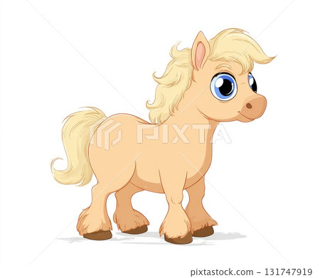 Cute cartoon pony with fluffy mane and big blue eyes standing playfully on white background 131747919