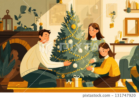 Family decorating a Christmas tree together in a cozy living room with festive decorations 131747920