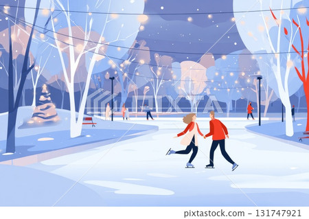Winter scene featuring joyful skaters gliding on ice in a festive park with twinkling lights 131747921