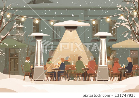 Outdoor dining scene with people enjoying winter ambiance under heaters and festive lights Outdoor dining scene with people enjoying winter ambiance under heaters and festive lights 131747925