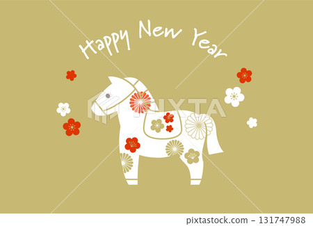 馬年新年賀卡模板,帶有馬的插圖、傳統圖案和問候語 馬年新年賀卡模板,帶有馬的插圖、傳統圖案和問候語 131747988