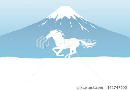 馬年新年賀卡模板:白雪皚皚的富士山和奔騰的駿馬。留白。 馬年新年賀卡模板:白雪皚皚的富士山和奔騰的駿馬。留白。 131747990