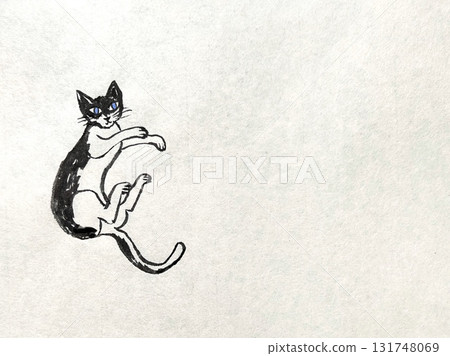 Cat drawings drawn with ink on Japanese paper, black and white kittens, playing cats, hand-drawn cat drawings 131748069