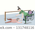 A color illustration of a caregiver panicking next to a wheelchair after an elderly woman falls during walking training 131748116