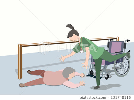 彩色插圖:一位老年婦女在步行訓練中摔倒後,護理人員在輪椅旁驚慌失措 彩色插圖:一位老年婦女在步行訓練中摔倒後,護理人員在輪椅旁驚慌失措 131748116