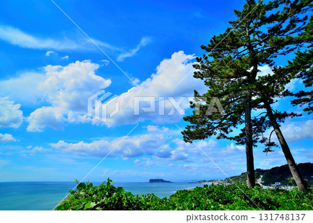 從稻村崎公園看湘南海岸、相模灣和江之島,白雲 從稻村崎公園看湘南海岸、相模灣和江之島,白雲 131748137