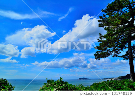 從稻村崎公園看湘南海岸、相模灣和江之島，白雲 131748139